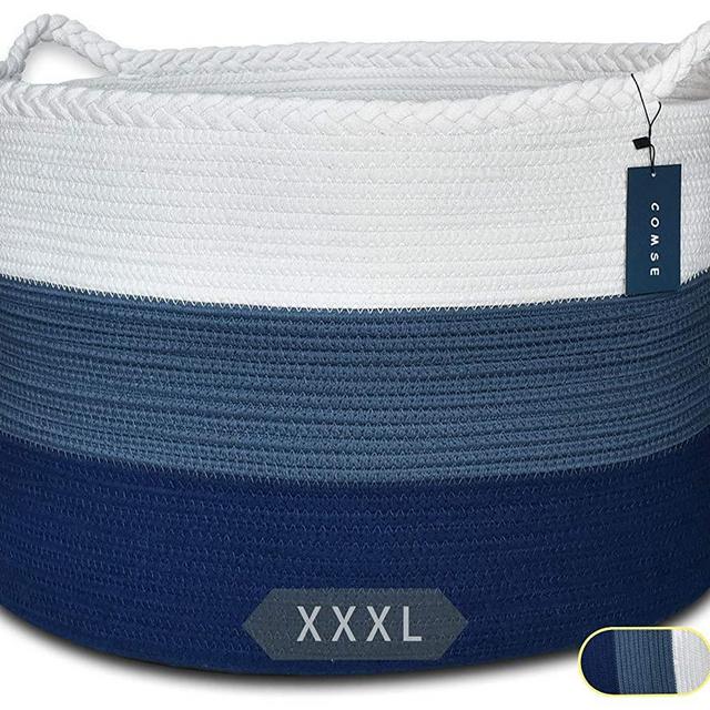 COMSE Extra Large Blanket Basket, Storage Basket, Rope Laundry Basket, 21.7”x 13.8”, Cotton Rope Basket, Laundry Basket, Toy Basket, Woven Basket, Clothes Baskets, White/Cadetblue/Navy Blue