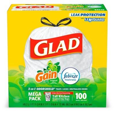 Glad Tall Kitchen Drawstring Trash Bags - OdorShield 13 Gallon - Gain Original with Febreze Freshness - 100 ct