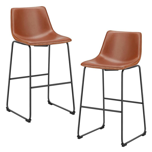 Sweetcrispy Counter Height Bar Stools Set of 2, 30 inch Height Stool Faux Leather Barstools with Back, Armless Kitchen Island Countertop Comfortable Modern Chairs with Metal Legs, Warm Brown