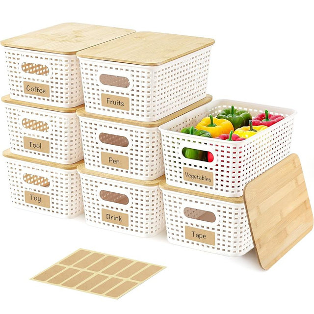 AntStep 8 Pack Plastic Storage Bins with Bamboo Lids - Stackable Storage Baskets with Handle for Pantry Organizer and Storage, Plastic Containers Bins for Kitchen Bathroom Classroom Office Shelves