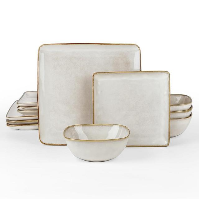 Famiware Dinnerware Sets for 4, Ocean Square 12-Piece Kitchen Plates and Bowls Sets, Reactive Glaze, Microwave and Dishwasher Safe, Scratch Resistant, Cappuccino White