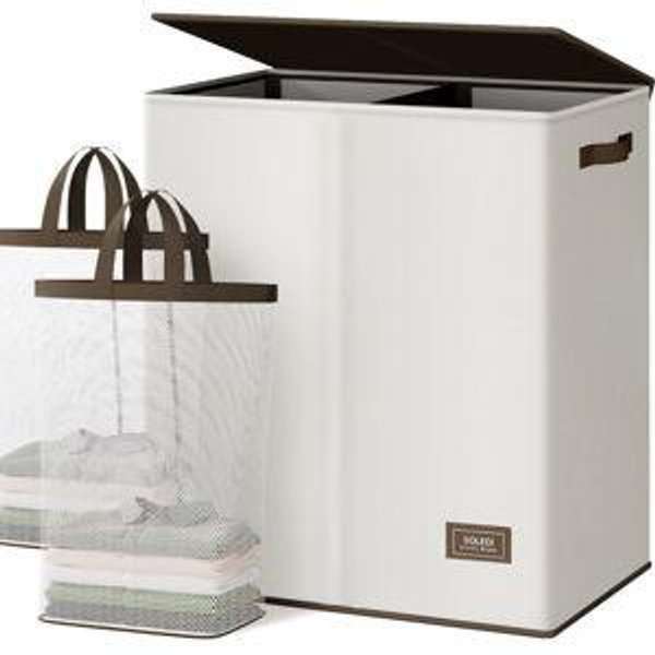 SOLEDI Luxury Double Laundry Hamper with Lid and Removable Bags, Large Hamper for Laundry, Laundry Basket 2 Sections, Collapsible Ditry Clothes Hamper for Bedroom, Laundry Room, Bathroom, Off-white