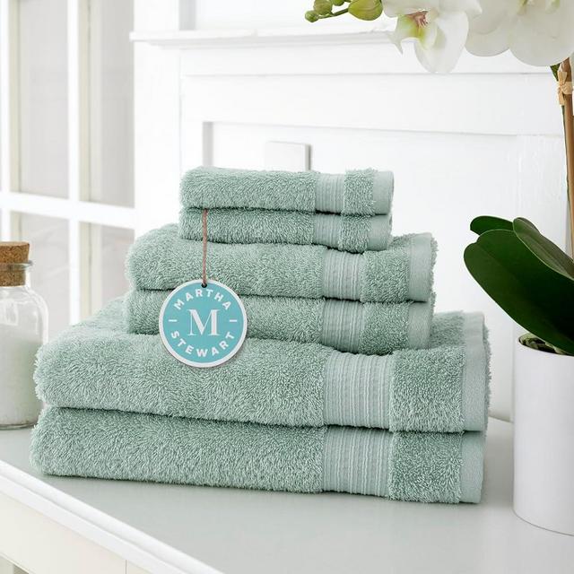 MARTHA STEWART Egyptian Cotton Bath Towels Set - 6 Piece, 2 Bath Towels - 2 Hand Towels - 2 Washcloths, Absorbent Bathroom Towels, Bathroom Essentials, Sage