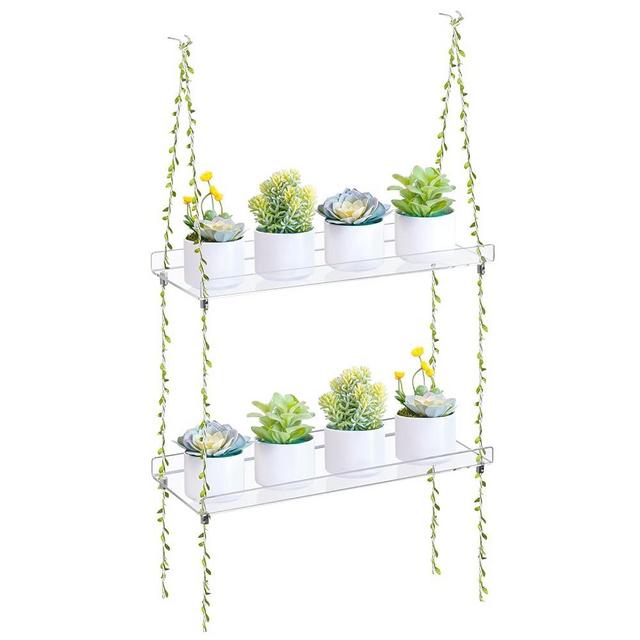 Sumerflos Acrylic Window Boxes Window Plant Shelves 2 Tier - Clear Hanging Shelf Indoor Jute Twine Adjustable Plant Holder for Window Wall Living Room Balcony Natural