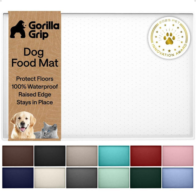 GORILLA GRIP 100% Waterproof Raised Edge BPA Free Silicone Pet Feeding Mat, Dog Cat Food Mats Contain Spills Protects Floors, Placemats for Cats and Dogs Water Bowl, Pets Accessories 23x15 White