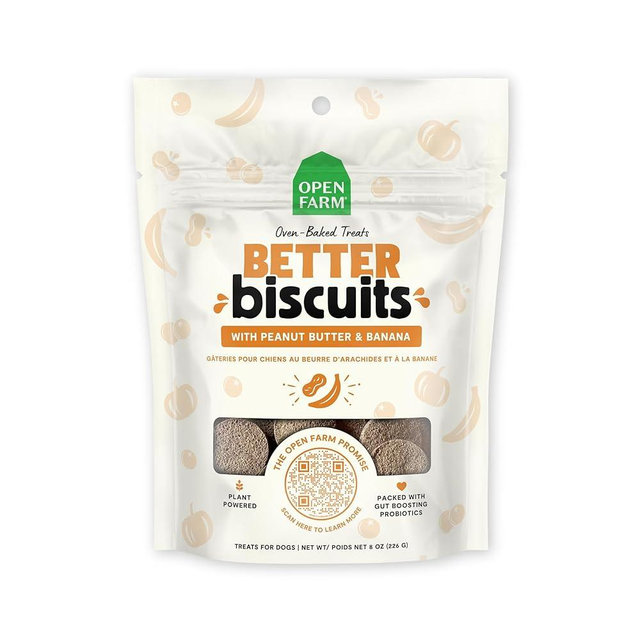 Open Farm Better Biscuits, Oven Baked Dog Treats with Probiotics, Peanut Butter & Banana Recipe, 8oz Pouch
