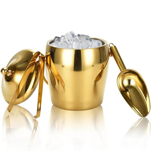 Ice Bucket Champagne Bucket with Tongs Scoop Lid, Wine Bar Freezer Ice Bucket with Stand with Carrying Handle, Stainless Steel Mirror Bucket Champagne Bucket for Parties Bar Home,2L (Gold)