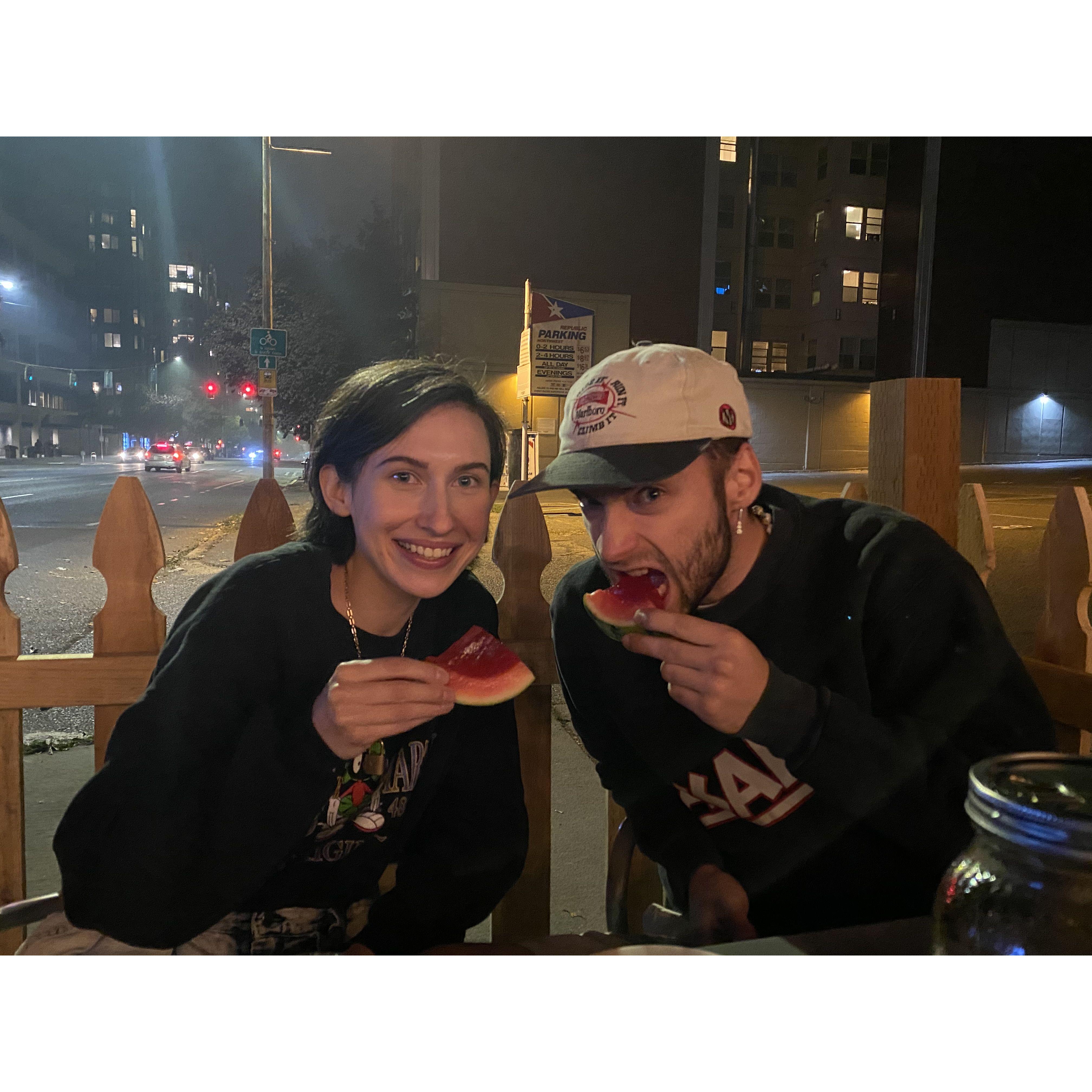 Amanda's brother Joey snapped this pic of us with our watermelon jello shots on a road trip to Seattle to escape the wildfire smoke. (It didn't work) 2020