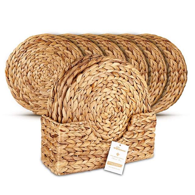 Wovanna Woven Placemats for Dining Table - Set of 6 Adorable Thick Rustic Round Kitchen Placemats with Decorative Tall Holder – All Natural Wicker Tablemats Hand-Braided from Water Hyacinth, 11.8"