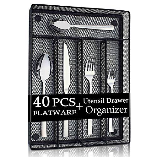 LIANYU 40-Piece Silverware Flatware Set with Organizer Tray, Stainless Steel Square Cutlery Set for 8, Kitchen Party Restaurant Eating Utensils Tableware, Dishwasher Safe