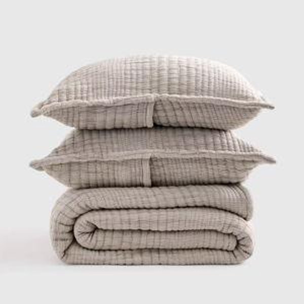 Organic Cotton Channel Stitch Coverlet Set - Taupe, King/Cal King