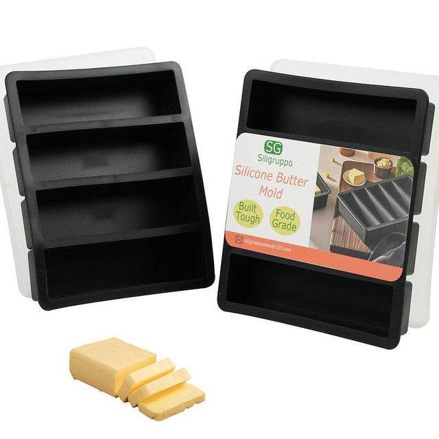 Siligruppo 2PCS Silicone Butter Mold Tray with Lid, Non-Stick Butter Maker, Fits Standard Butter Size, Ideal for Butter, Soap Bars, Energy Bars, and Cakes (Black)