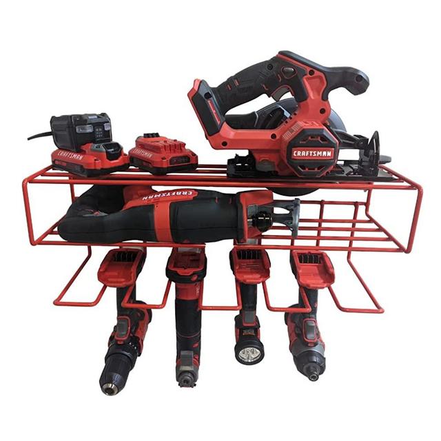 c2M Heavy Duty Floating Tool Shelf & Organizer | Wall Mounted Garage Storage Rack for Handheld & Power Tools | USA Made, 100# Weight Limit, Compact Steel Design | Perfect for Milwaukee Tools | Red