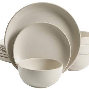 Gibson Home Rockaway 12-Piece Round Stoneware Dinnerware Set, Service for 4 – Cream Plates and Bowls, Modern Matte Finish, Microwave & Dishwasher Safe