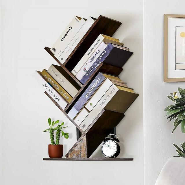 5 Tier Tree Bookshelf Floating Book Shelves for Wall Mount, Wooden Hanging Shelves Storage for Displaying Books/CDs/Magazine, Unique Wall Bookcase Organizer Shelves for Home, Office, Living Room