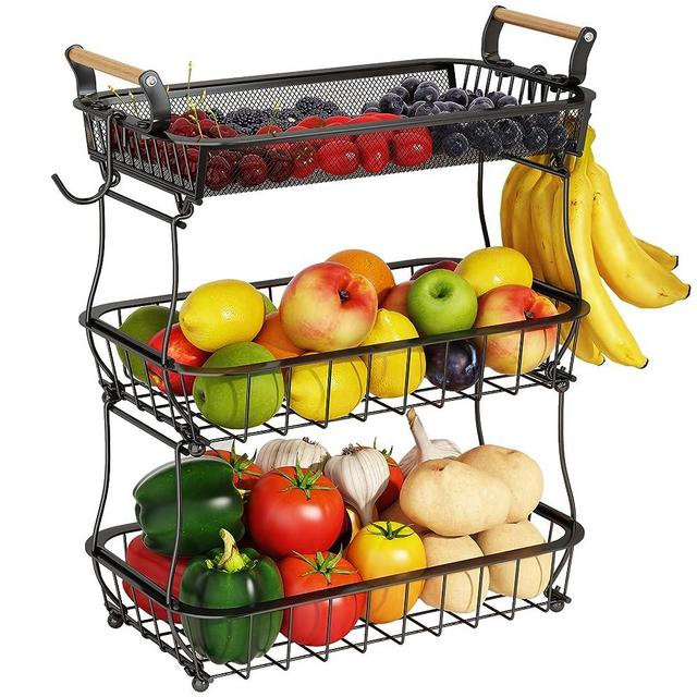 3 Tier Fruit Basket with 2 Banana Hangers, Countertop Fruit Vegetable Basket Bowl for Kitchen Counter Metal Mesh Basket Fruits Stand Produce Holder Organizer for Onion Potato Bread Snack Veggie, Black