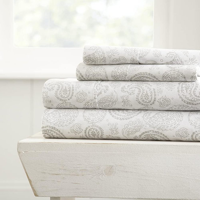 Linen Market 4 Piece Sheet Set Patterned, King, Coarse Paisley Gray