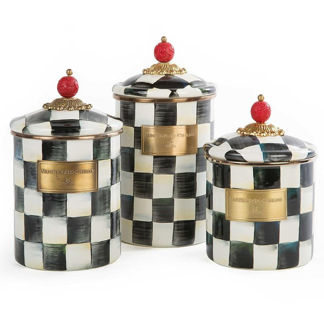 MACKENZIE-CHILDS Enamel Canister Set, Small (38 oz.), Medium (48 oz.), and Large (64 oz.) Kitchen Containers, Black-and-White Courtly Check