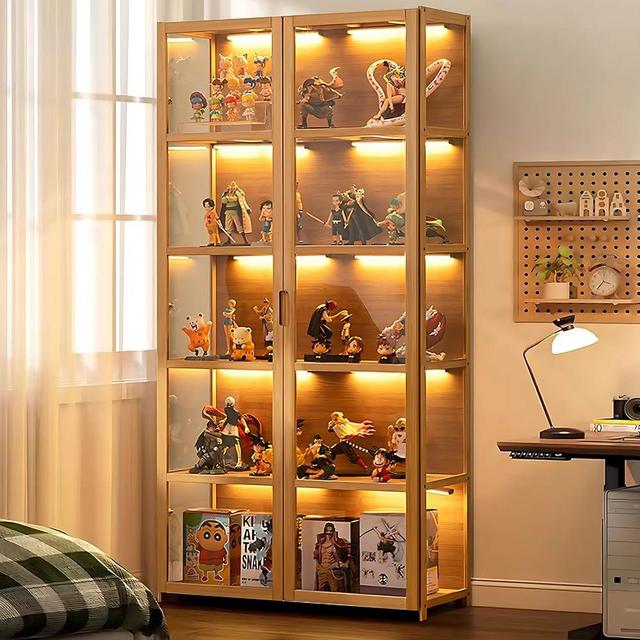 iusyugh Display Cabinet with Acrylic Glass Doors, 5-Tier Curio Cabinet, Collectibles Toy Organizers Rack & Display Shelf, High Display Case for Home, Office, Playroom, Living Room (Brown Double Door)