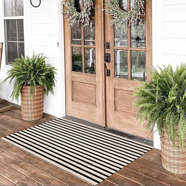 Black and White Striped Rugs, 28x43 Inches Outdoor Front Porch Doormat Cotton Hand-Woven Farmhouse Layered Door Mats for Front Porch, Patio, Entryway, Laundry Room