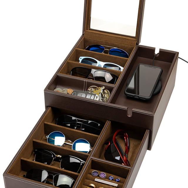 HOUNDSBAY Lookout Sunglasses and Eyeglasses Organizer Storage Display Case Dresser Valet Box Charging Station (Brown/Brown)
