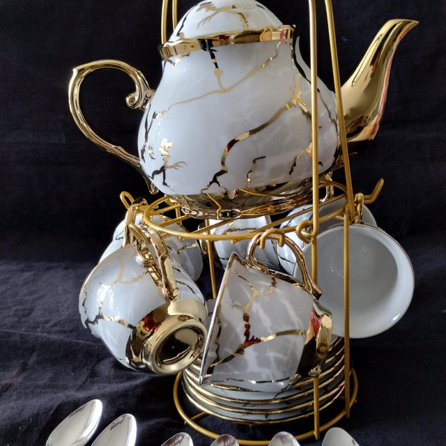 20 Pc Gold Trim on Grey Marble Tea Set #334 , 3 oz Cups tea pot 6 Cups 6 Saucers 6 Spoons Rack. SEE MANY more TEA Sets in our Etsy store.
