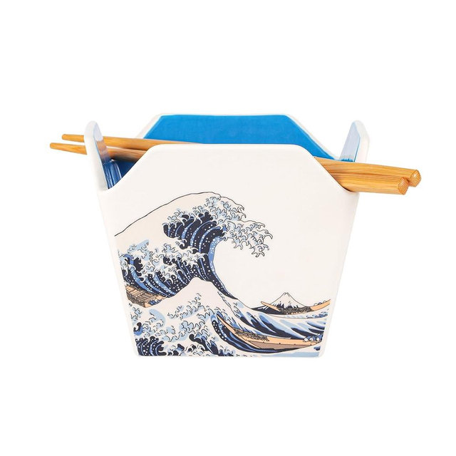 Urban Tokyo Chinese Takeout Box Style Porcelain Bowl With Chopsticks 18 fl oz Square Shape Rice Noodles Pasta To Go Box Shaped Bowl Microwave Dishwasher Safe (Great Wave)