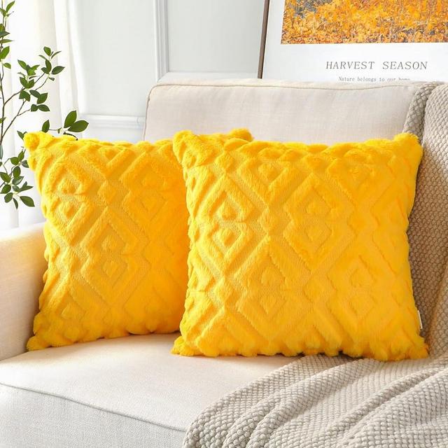 Artscope Pack of 2 Soft Plush Short Wool Velvet Decorative Fall Throw Pillow Covers Luxury Style Cushion Covers European Pillow Shell for Sofa Bedroom Diamond Shape Orange Yellow, 24x24 Inch