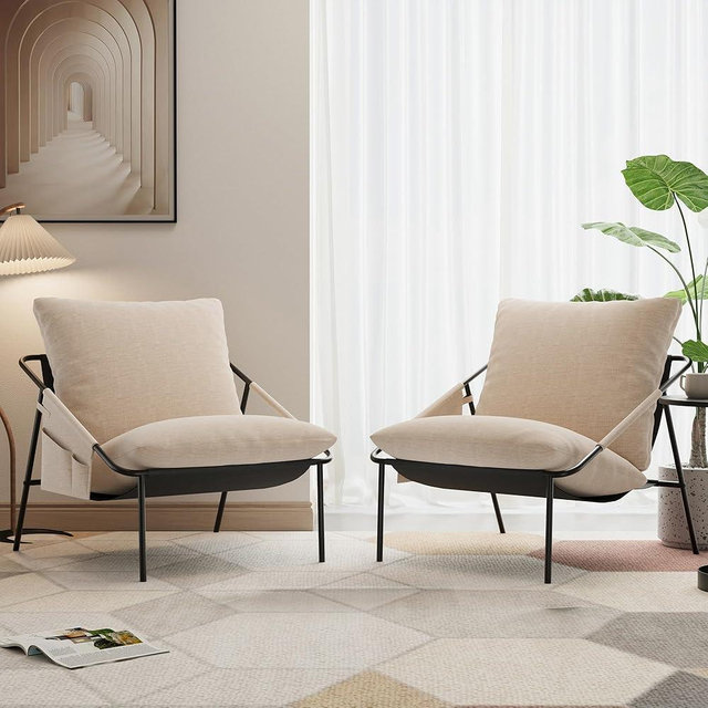 Apicizon Sling Accent Chairs Set of 2, Living Room Chairs Lounge Chair Armchair with 2 Upholstered Cushions, Oversized Readingroom Chairs for Bedroom Office, Beige Linen