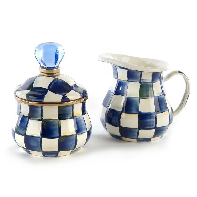 MACKENZIE-CHILDS Royal Check Enamel Creamer and Sugar-Bowl Set, Cream Dispenser and Sugar Holder, Unique Kitchen Decor