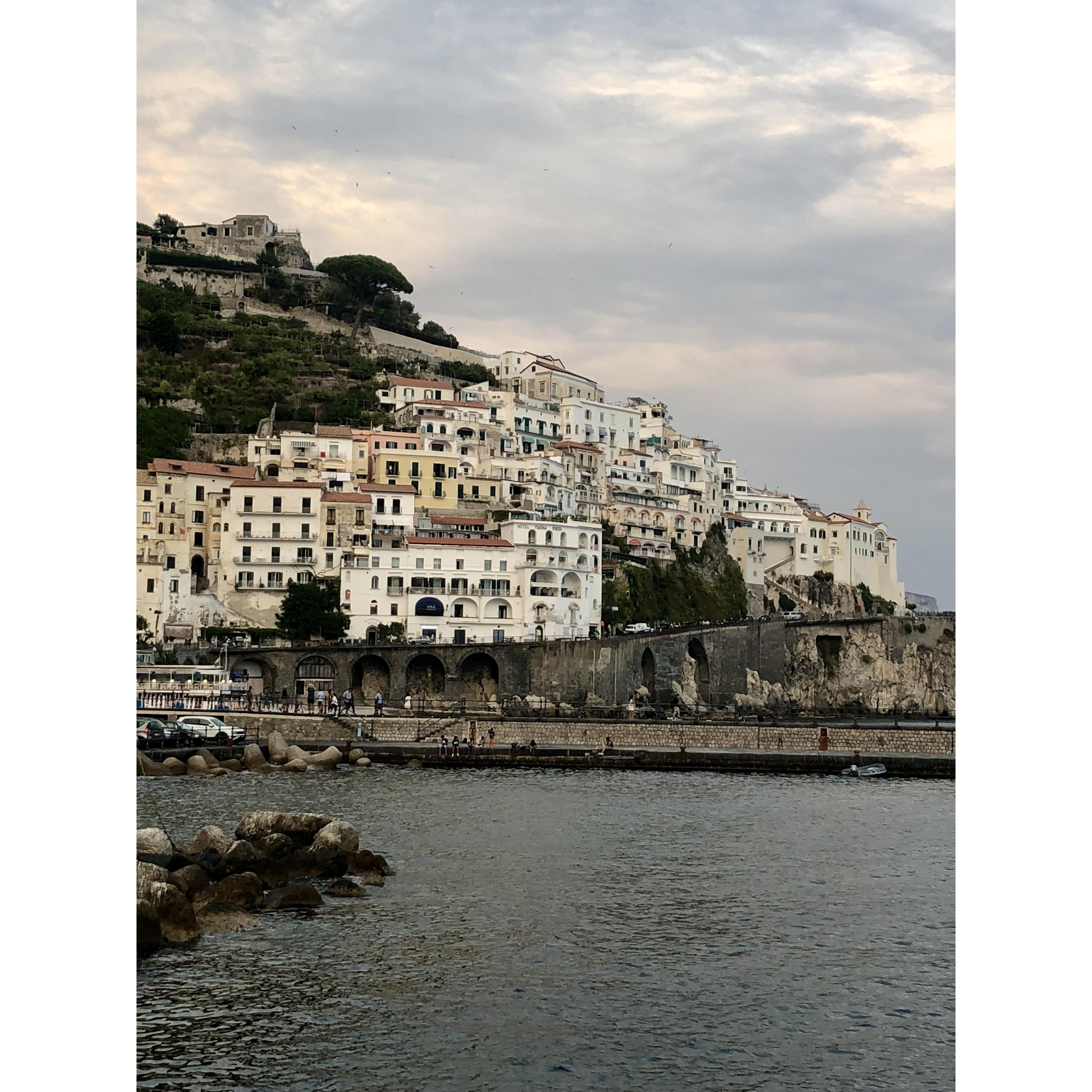view of Amalfi from water taxi