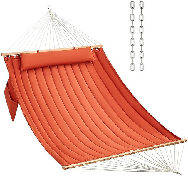 CHULIM Double Quilted Fabric Hammock with Hardwood Spreader Bars and Pillow 450 LBS Capacity 2 Person Hammock Large Hammock for Outdoor Patio Backyard Poolside - Terracotta