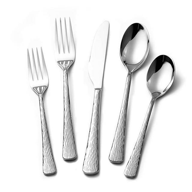 KINGSTONE Hammered Silverware Set, 20-Piece Flatware Set for 4, 18/10 Stainless Steel Premium Cutlery with Unique Ripple Handles Design Mirror Polished - Dishwasher Safe