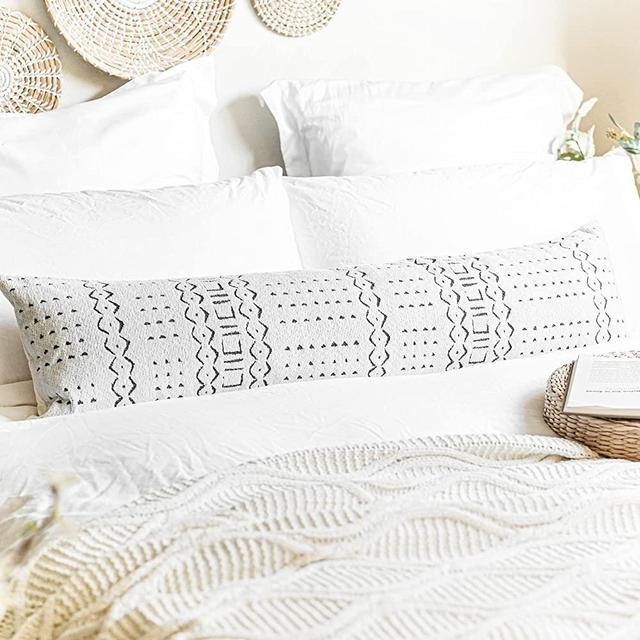BlissBlush Off White Black Extra Long Lumbar Pillow Cover for Bed 12X46, Boho Pattern Decorative Throw Lumbar Pillow Cover, Bohemian Textured Bed Lumbar Pillow, Cover ONLY