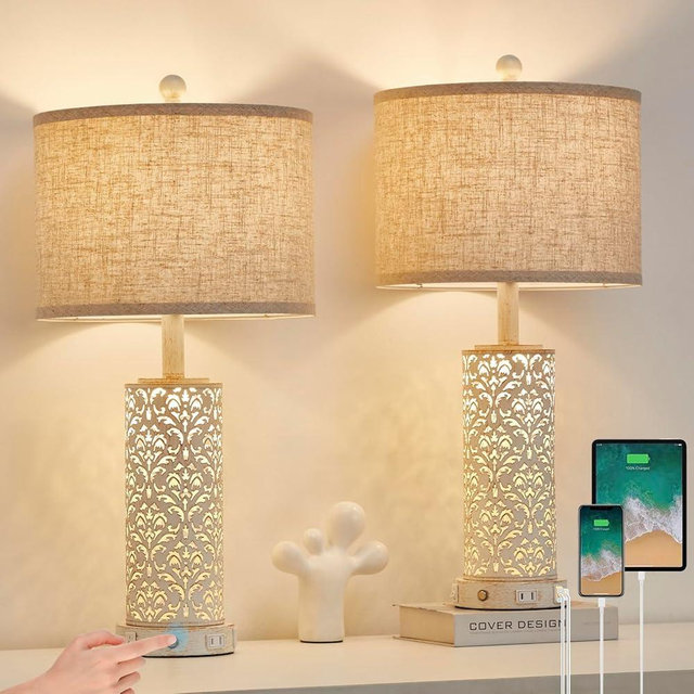 SAIWEYA 26" Set of 2 Farmhouse Table Lamp, 3-Way Dimmable Touch Control with Nightlight, 2 USB Ports + AC Outlet Vintage Rustic Bedside Lamp for Living Room Bedroom and Nightstand (White-2 Pack)