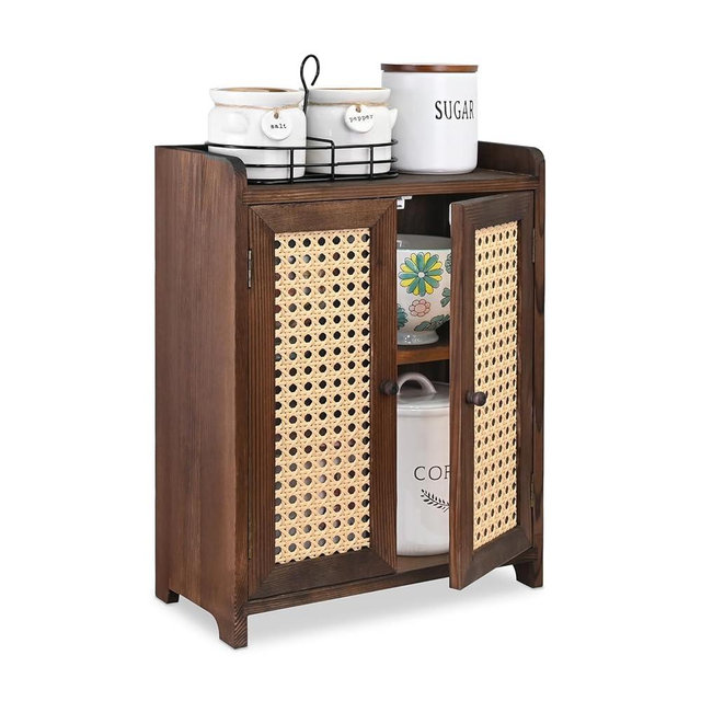 Ikee Design Wooden Countertop Storage Cabinet with Magnetic Rattan Doors, Kitchen Pantry Cabinet with Removable Shelves, Coffee, Snack, Cup Organizer, Dark Brown Color, 12.1W x 6.1D x 15.7H in