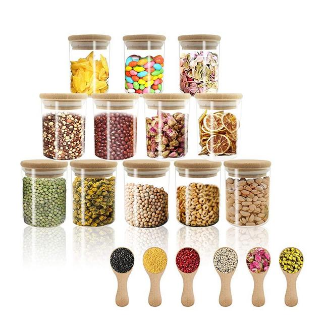 18pcs Glass jars Set, VIKEYHOME 12set 6oz Spice Jar Set with Bamboo Lids ,6pcs bonus Small Condiments wooden spoons , Small Airtight Glass Canister, Food Cereal Storage Containers for Home Kitchen