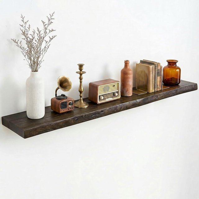 Dreamland Rustic Elm Wood Floating Shelves for Wall Decor, 48 Inch Long Live Edge Wooden Floating Shelves Wall Mounted, 8 Inch Deep Wall Shelf for Bathroom, Living Room, Kitchen, Bathroom, Walnut