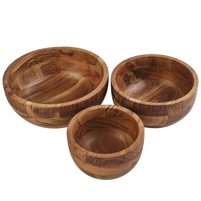 Fitz and Floyd Caleb Acacia Wood Salad Serve Bowls, Set of 3, Brown