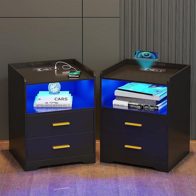 Gurexl RGB Nightstand Set of 2 with Wireless Charging Station and USB Ports Auto Sensor LED 24 Color Dimmable for Bedroom Furniture,Modern End Side Bedside Table with Human Body Sensor Function