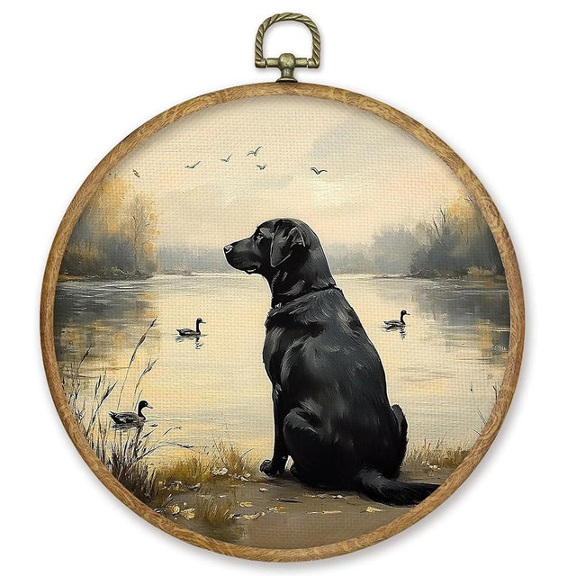 CGBHW Black Labrador Retriever Duck Round Wall Art Decor, Lab Gifts Canvas Prints Framed, Farmhouse Dog Wall Art Hanging Decor for Home Gallery Bedroom Living Room Decorations, 10x10 Inch