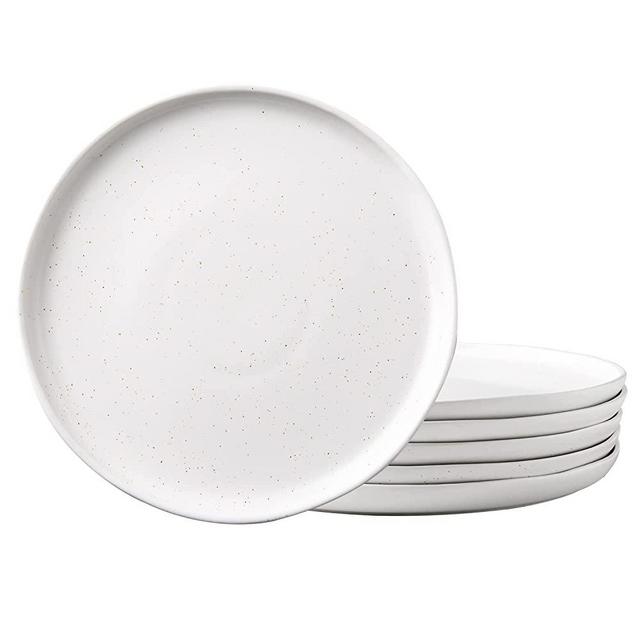 AmorArc Porcelain Dinner Plates Set of 6, Handcrafted Speckled Wavy Rim 10.5 Inch Modern Ceramic Plates Set, Large Serving Dishes for Kitchen-Microwave&Dishwasher Safe, Chip-resistant-Matt White