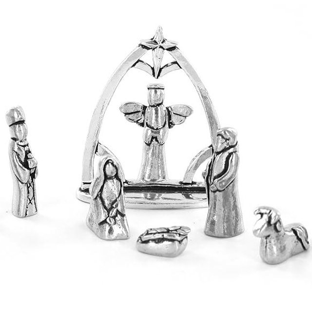 Nativity Set with Chreche Mini Pewter Figurine 11 Pc Set with Velvet Pouch