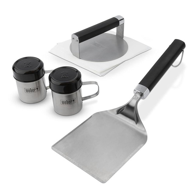 Weber Smashed Burger Set – Smash Press, Wide Spatula & Seasoning Shakers for Perfect Crust Smash Burgers with Patty Paper for Easy Release