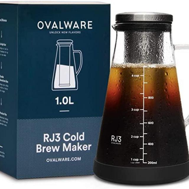 Airtight Cold Brew Iced Coffee Maker and Tea Infuser with Spout - 1.0L / 34oz Ovalware RJ3 Brewing Glass Carafe with Removable Stainless Steel Filter