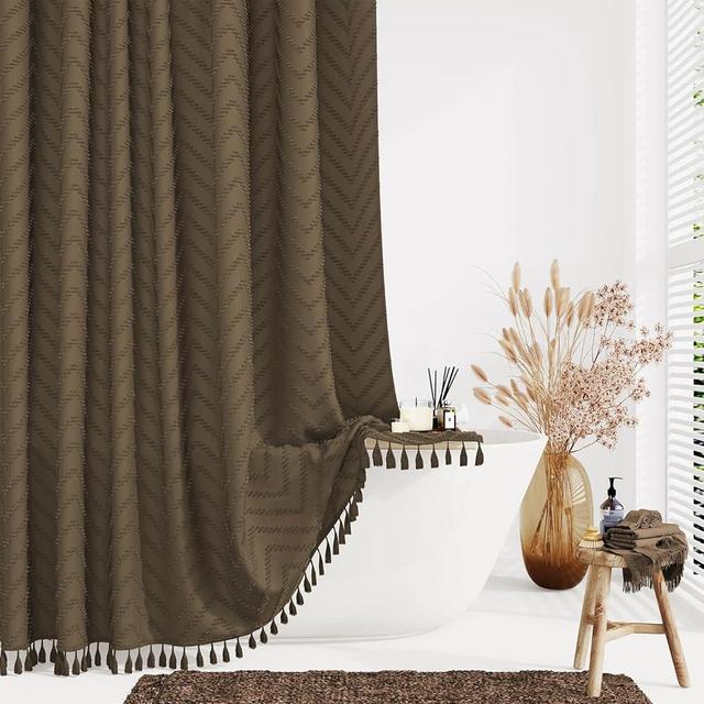 Dynamene 78 Inches Long Shower Curtain, Boho Tufted Chevron Striped Tall Cloth Shower Curtains for Bathroom Decor, Large Hotel Spa Luxury Shower Curtain Set with Hooks, Wrinkle Free, Brown, 72x78