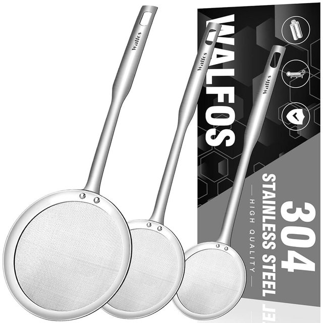 Walfos Fat Skimmer Spoon, 304 Stainless Steel Fat skimmer For Cooking, 3", 4" & 5 inch fine mesh skimmer, Food Strainer Fit For Separation Of The Floating Foam, Fat, Grease, Set of 3