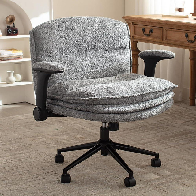 Dowinx Criss Cross Chair with Adjustable Flip-up Arms and Wheels, Comfort Ergonomic Office Desk Armchair with 3 Layer Cushions, Wide Seat Vanity Chair for Home Office, Living Room, Bedroom, Gray