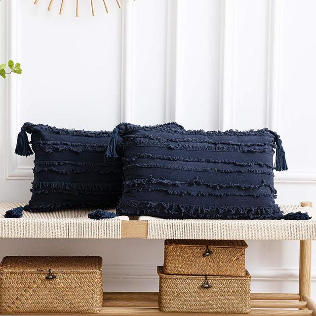 DEZENE Navy Throw Pillow Cases: 2 Pack 12x20 Inch Boho Stripe Cotton Linen Rectangular Decorative Pillow Covers with Tassels for Farmhouse Couch Sofa Chair, Navy Blue