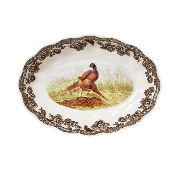 Spode British Flowers Collection 6" Oval Fluted Dish - Pheasant Illustration, Rustic Serving for Appetizers, Dips & Sides with Rich Brown Border - Porcelain, Dishwasher & Oven Safe